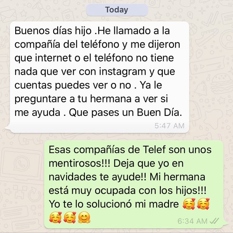 Pero su madre investigó lo dicho por su hijo y se lo hizo saber en otro mensaje que compartió Jomari el lunes: “He llamado a la compañía del teléfono y me dijeron que internet o el teléfono no tiene nada qué ver con Instagram y qué cuentas puedes ver o no”.