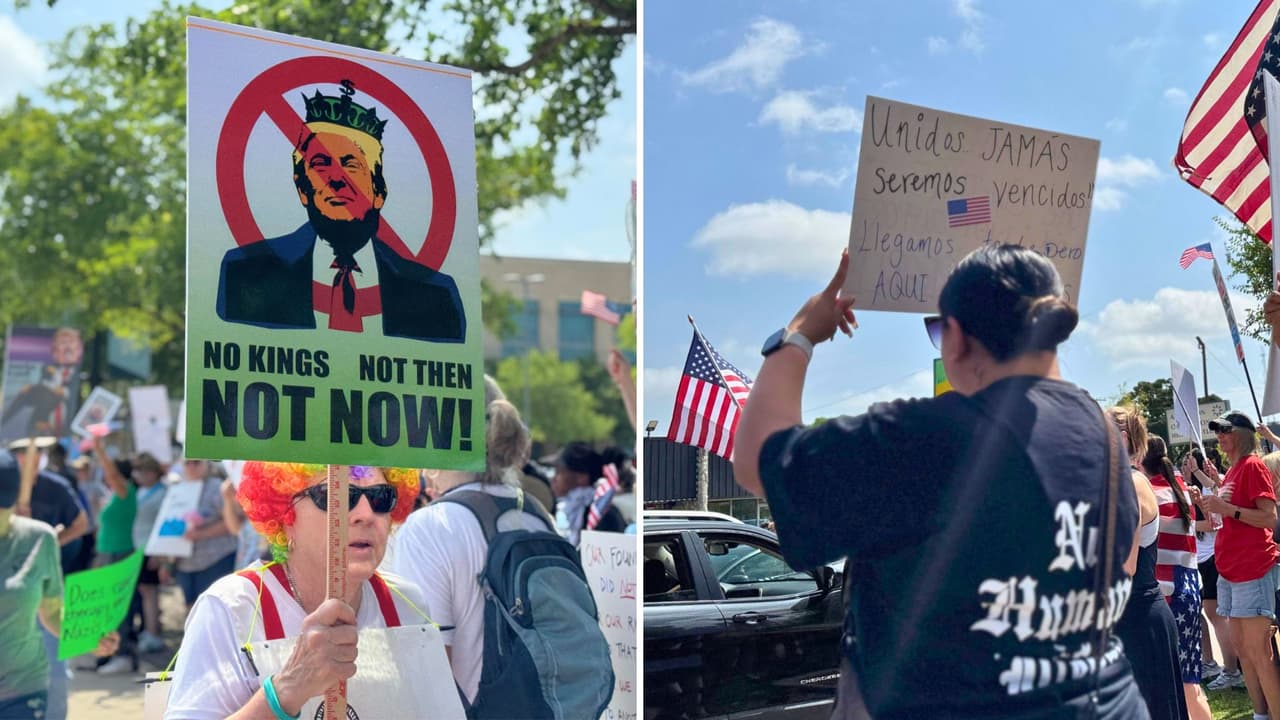 Cientos protestaron en Arlington este sábado 14 de junio bajo el lema “No Kings”. Las manifestaciones transcurrieron en calma, con carteles y consignas por justicia y derechos para migrantes. Arlington, hogar de los Dallas Cowboys y los Texas Rangers, es uno de los centros económicos del estado y alberga a miles de familias hispanas.