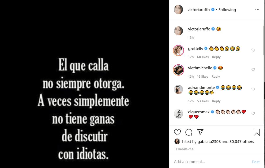 "El que calla no siempre otorga. A veces simplemente 
<b><a href="https://www.instagram.com/p/B-56d98FMFI/" target="_blank">no tiene ganas de discutir con idiotas</a></b>", decía el mensaje publicado el 12 de abril. 
<br>