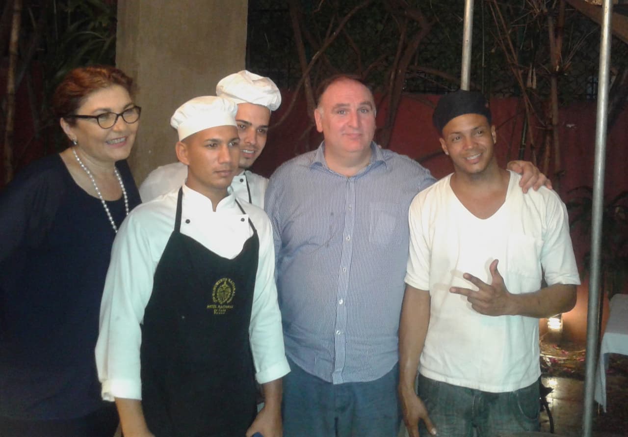 Chef Jose Andres visiting Havana paladar, Casa Pilar, with chefs and owner Pilar Fernandez
