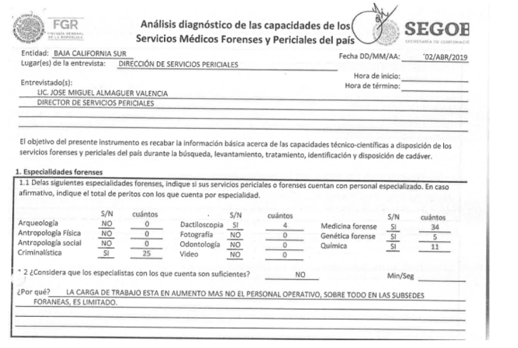 Documentos 1. Cuestionario respondido por autoridades forenses de Baja California Sur, Puebla y Tamaulipas.