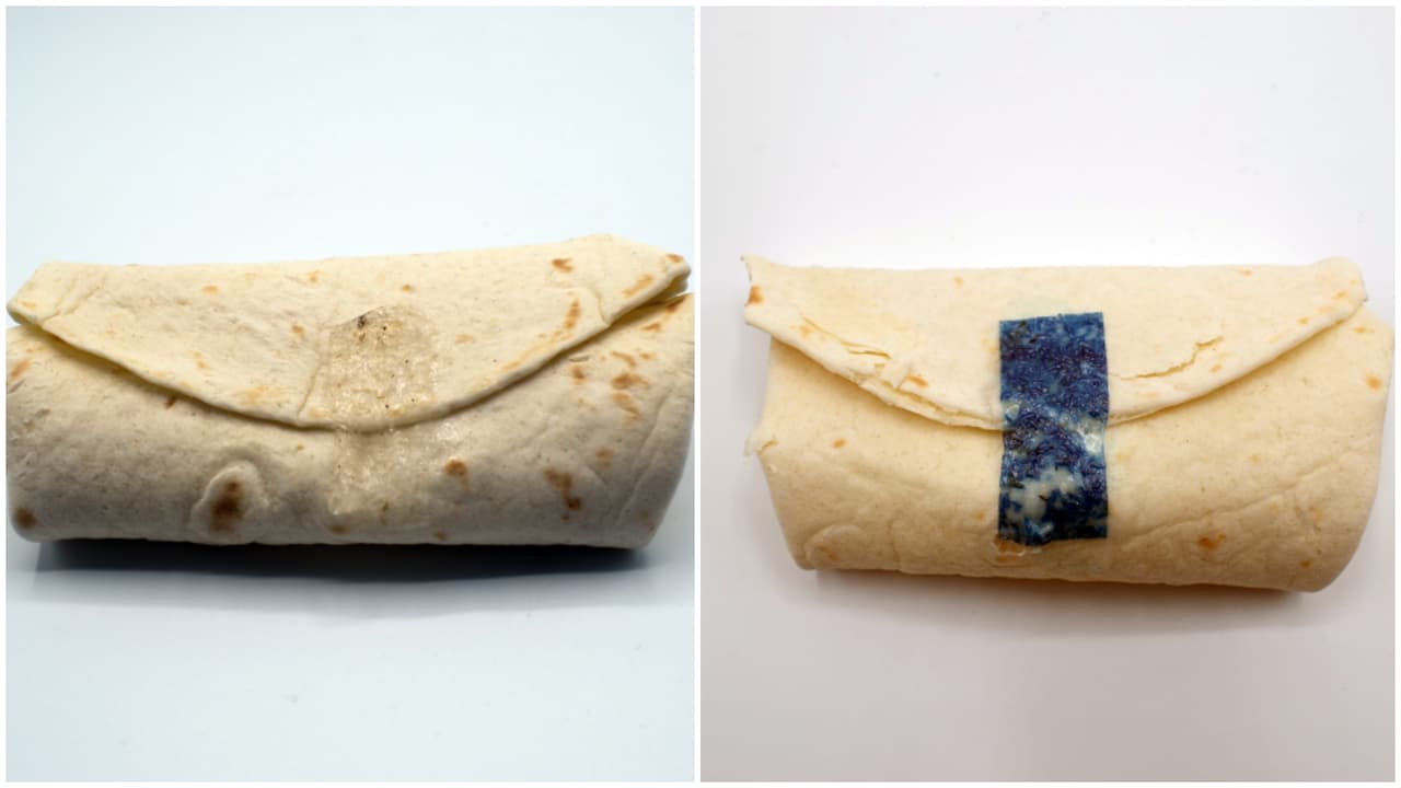 Tastee Tape es una cinta transparente y comestible que mantiene los burritos cerrados al comer. La hay color azul y transparente.