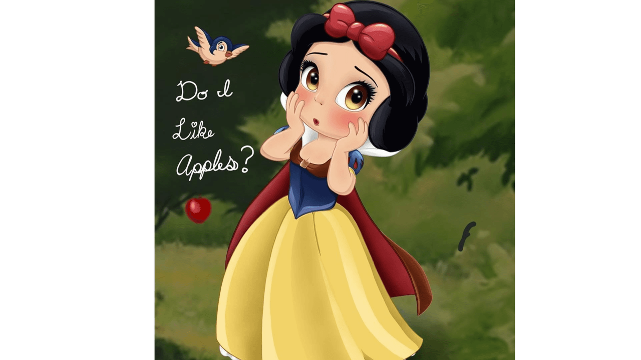 <b>Blanca Nieves</b>, "la más bella de todas", no podía dejar de ser representada con un pequeño animalito que la acompaña por sus travesías en el bosque.
<br>
<br>La princesa marcó un antes y un después los cuentos de hadas al proporcionar las bases de una heroína.