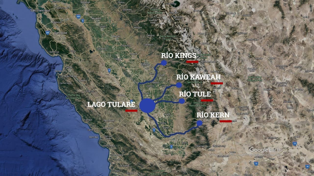 Los ríos Kings, Kaweah, Tule y Kern, desembocan en el lecho del lago Tulare.