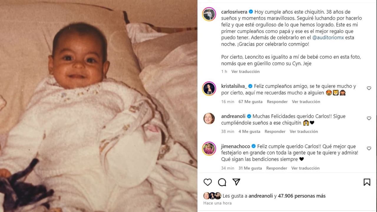 Carlos Rivera publica foto de cómo se veía de bebé y dice que su hijo León es igualito a él.
<br>