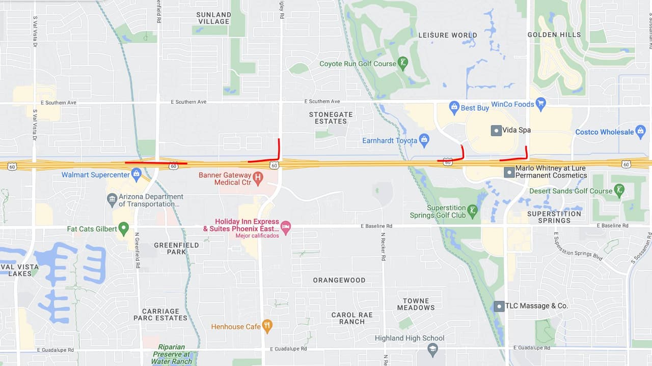 <b>US 60 oeste</b>
<br>La US 60 en dirección oeste (Superstition Freeway) cerrará en Greenfield Road desde las 9 p.m. del viernes hasta las 5 a.m. del lunes.
<br>
<br>Las rampas de acceso de la US 60 en dirección oeste en Superstition Springs Boulevard, Power Road y Higley Road estarán cerradas.
<br>
<br>
<b>Rutas alternas</b>
<br>Considere salir antes del cierre y usar Baseline Road, Southern Avenue o Broadway Road en dirección oeste para viajar más allá del cierre.