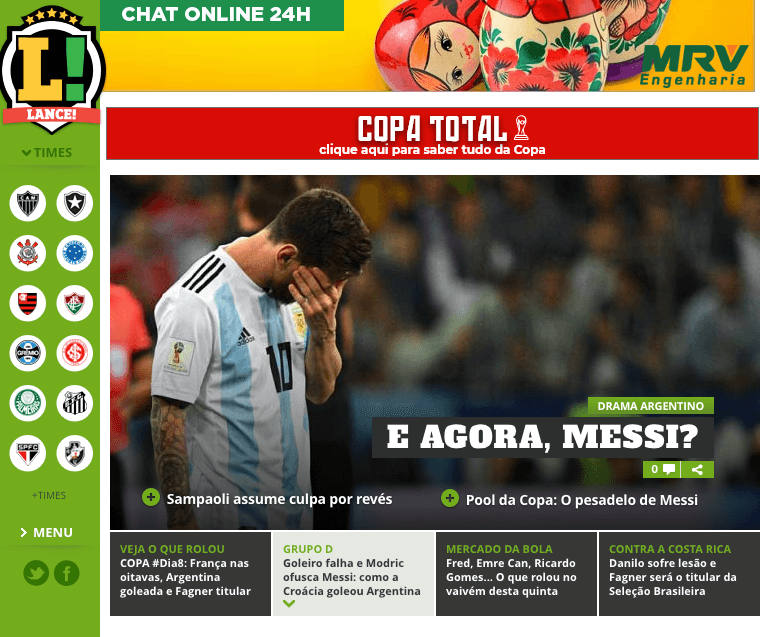 El portal del diario deportivo brasileño
<i>Lance!</i> se pregunta, '¿Y ahora, Messi?'.