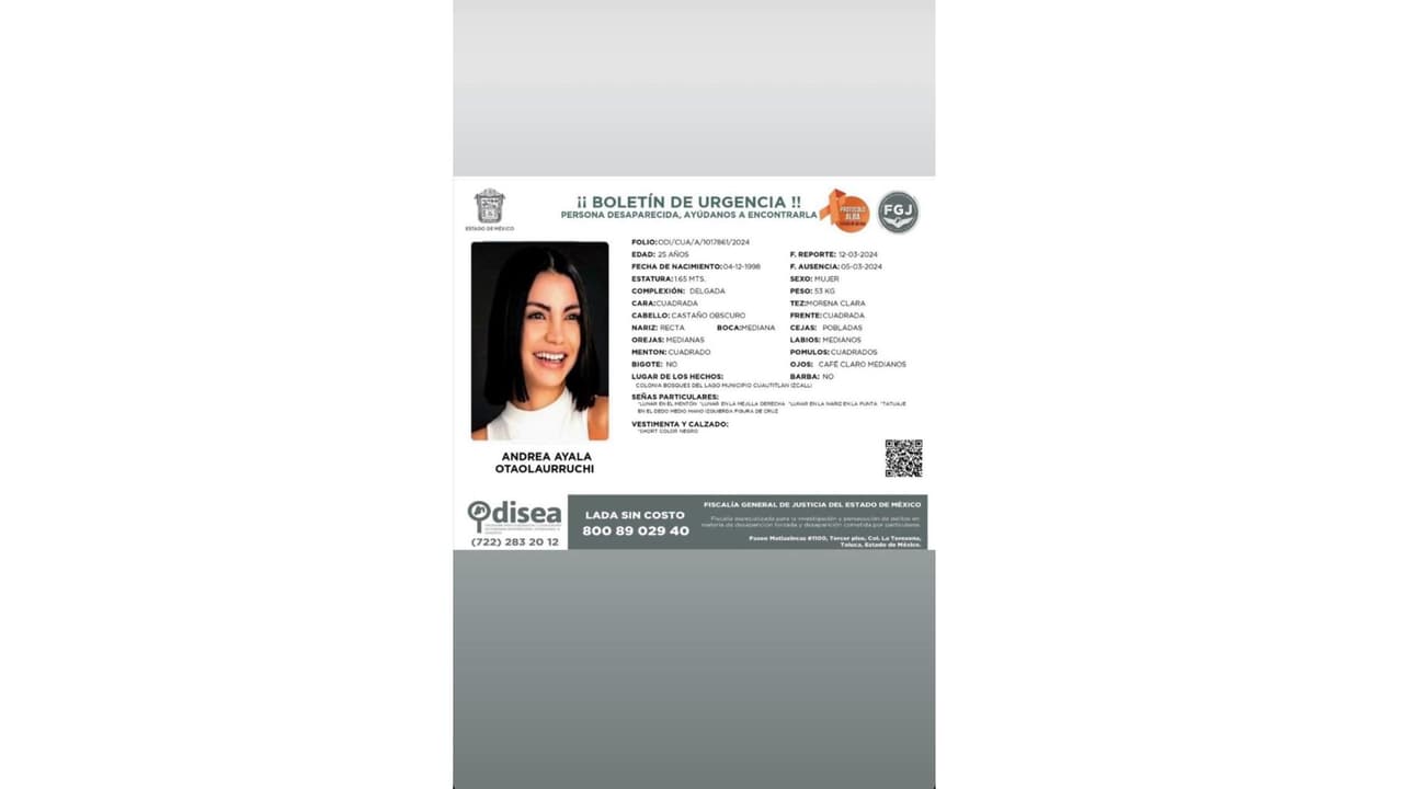 Emiten ficha de búsqueda para Andrea Ayala Otaolaurruchi.