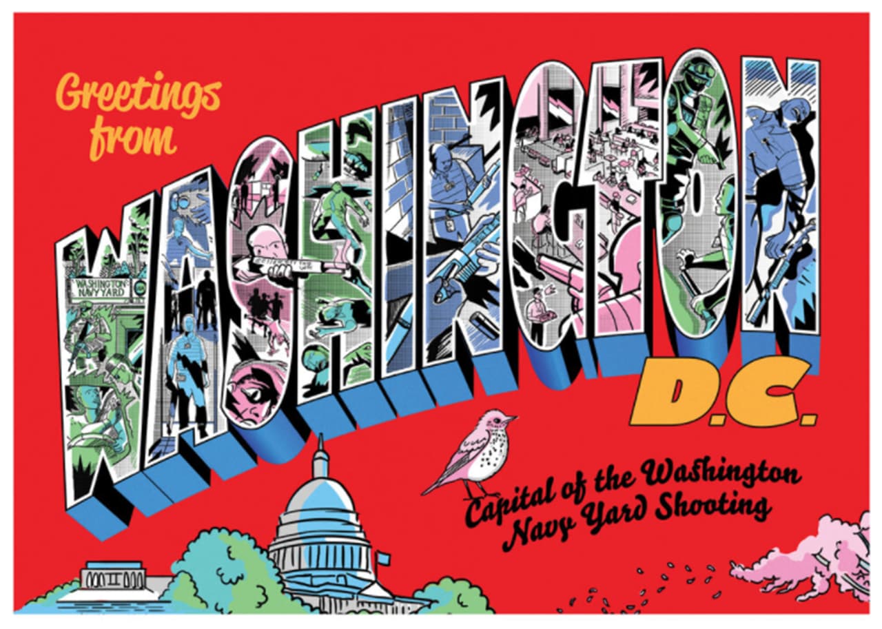 <b>“Saludos desde Washington DC, capital del tiroteo de la Marina de Washington”.</b> El 16 de septiembre de 2003, “un hombre tomó la justicia en sus propias manos, mató a 12 personas e hirió a otras ocho en una base militar “ de la capital. La campaña realizó un total de 52 diseños diferentes, todas con un creativo cómic dentro de las letras que describe el suceso y un texto que enfatiza las virtudes de cada ciudad, opacadas por las tragedias.