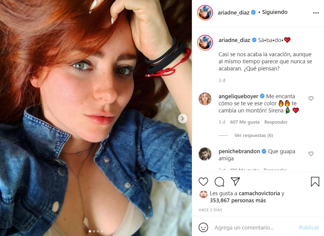 Ahora luce el
<b>pelo rojo </b>y ha compartido algunas fotografías de su nueva imagen en Instagram, incluso, Angelique Boyer reaccionó y asegura que la "cambia un montón".
<br>