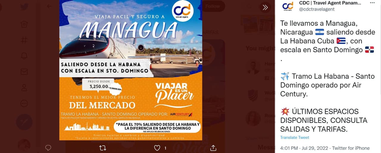 Un anuncio de CDC Travel en Panamá ofrecia boletos de Cuba a Managua con Air Century en julio por $3,250.