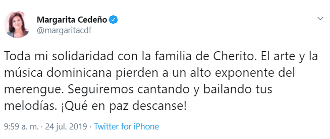 Tras darse a conocer la noticia del fallecimiento de Cherito Jiménez, personalidades como la vicepresidenta dominicana, Margarita Cedeño, utilizó Twitter para lamentar su muerte y unirse a la pena de sus familiares.