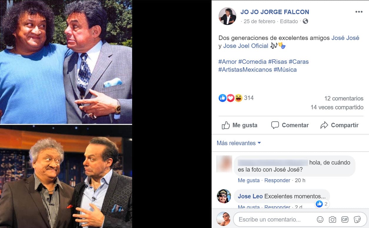 Mientras que el cómico comentó en su cuenta de Facebook: "
<b><a href="https://www.youtube.com/watch?v=n1MtDIJvC2U" target="_blank">Dos generaciones de excelentes amigos</a></b>, José José y José Joel". 
<br>