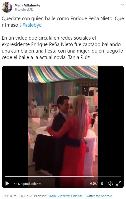 En junio se hizo viral un video donde aparecen juntos 
<b><a href="https://www.univision.com/famosos/en-la-pista-de-baile-y-a-su-propio-ritmo-pena-nieto-le-da-un-beso-apretado-a-tania-ruiz-video">bailando al ritmo de cumbia</a></b> en un evento privado.