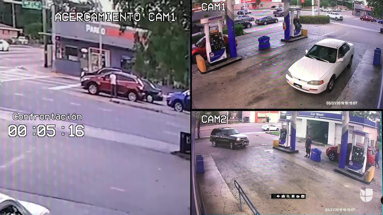 Juan Hernández, que viajaba en el coche azul que iba detrás del rojo de Delfino, se bajó de su carro al llegar a la intersección y fue hasta la ventanilla de Delfino para reclamarle por la maniobra, algo que recogen las cámaras de seguridad de la gasolinera situada en esa intersección. Lyle contó en la audiencia que no supo exactamente qué decía Hernández, pero que se sobresaltó por la situación: "Estaba asustado".