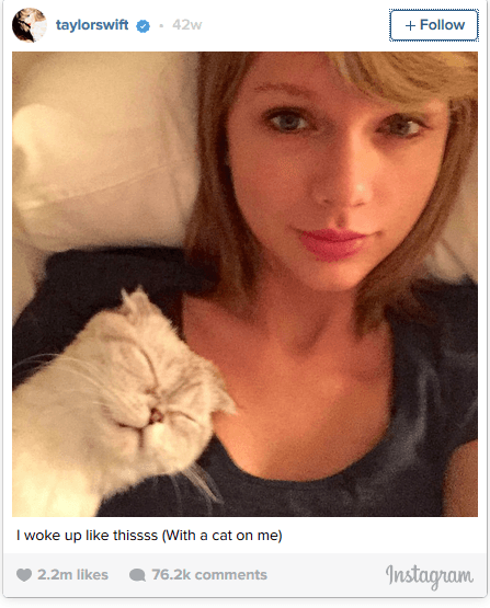 La reina de Instagram en 2015 es Taylor Swift. Esta imagen fue de las más vistas en la red social con 2.2 millones de likes.