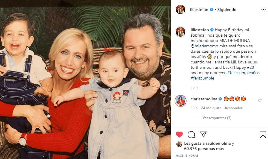 Con esta foto de por lo menos hace 19 años, Lili Estefan dedicó un amoroso mensaje a la cumpleañera: “Happy Birthday mi sobrina linda que te quiero muchooooo MIA DE MOLINA. Mira esta foto y te darás cuenta lo rápido que pasaron los años y por qué me derrito cuando me llamas tía Lili. Love uuuu to the moon and back”.
<br>