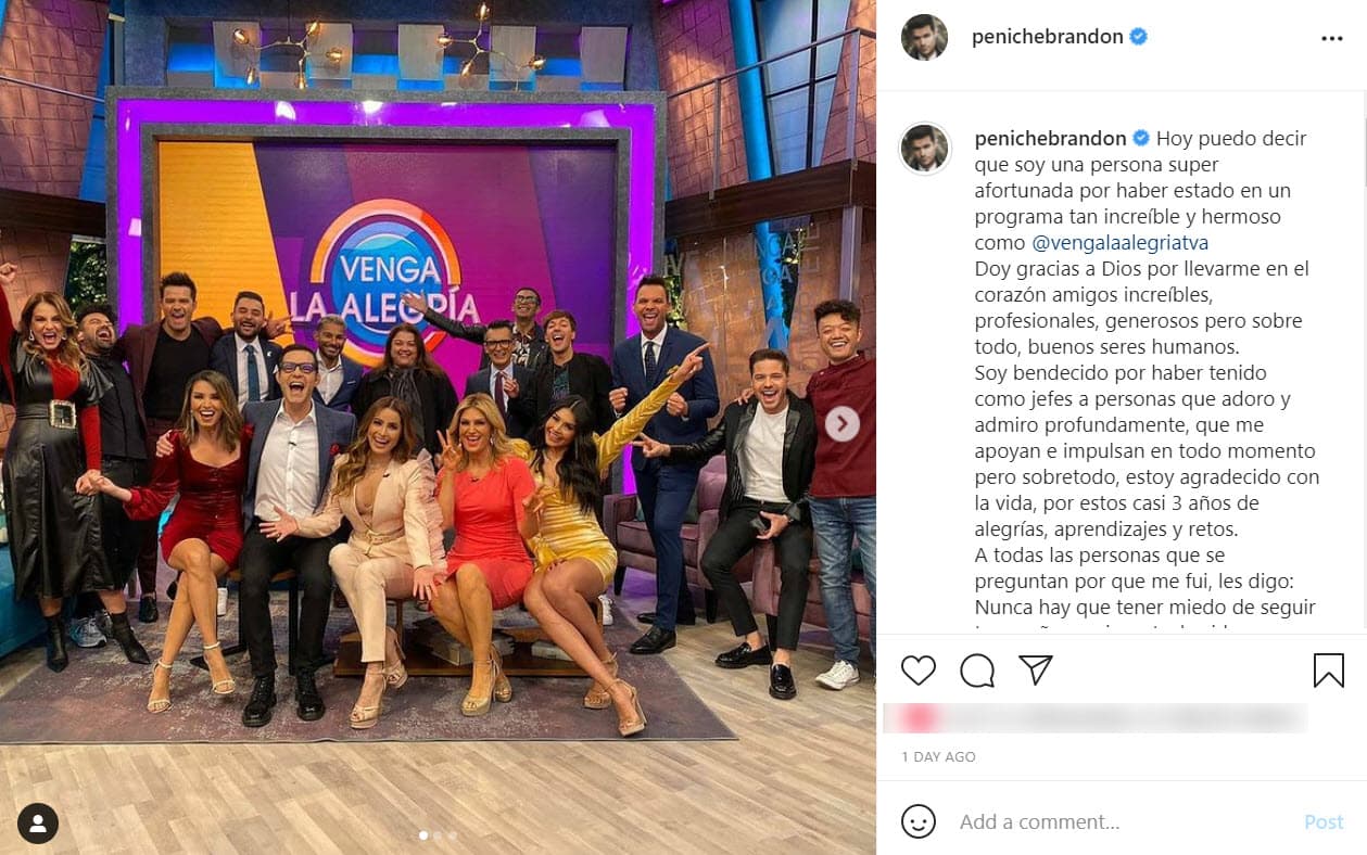 Hasta el pasado 8 de julio Brandon Peniche permanecía como presentador del matutino 'Venga la alegría'.
<br>