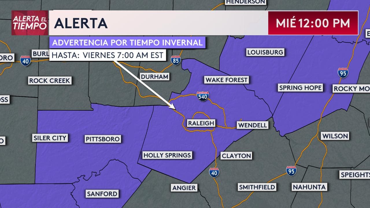 Una advertencia por tormenta invernal estará en efecto hasta el viernes a las 7 a.m. en los condados: Chatham, Franklin, Halifax, Lee, Montgomery, Moore, Nash, Stanly y Wake. Hasta 0.25 pulgadas de hielo podrían registrarse.