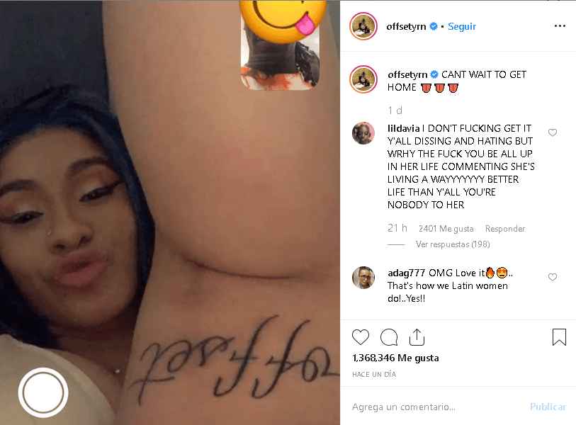 "No puedo esperar para ir a casa", escribió Offset al pie de la fotografía donde se ve a la intérprete de 'I Like It' levantando la pierna con el tatuaje en su muslo, una marca que no se le había visto hasta ahora.