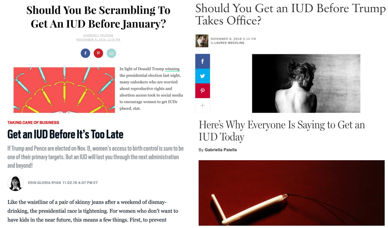 Portadas de artículos de diferentes revistas femeninas que alientan a las mujeres a ponerse un DIU.