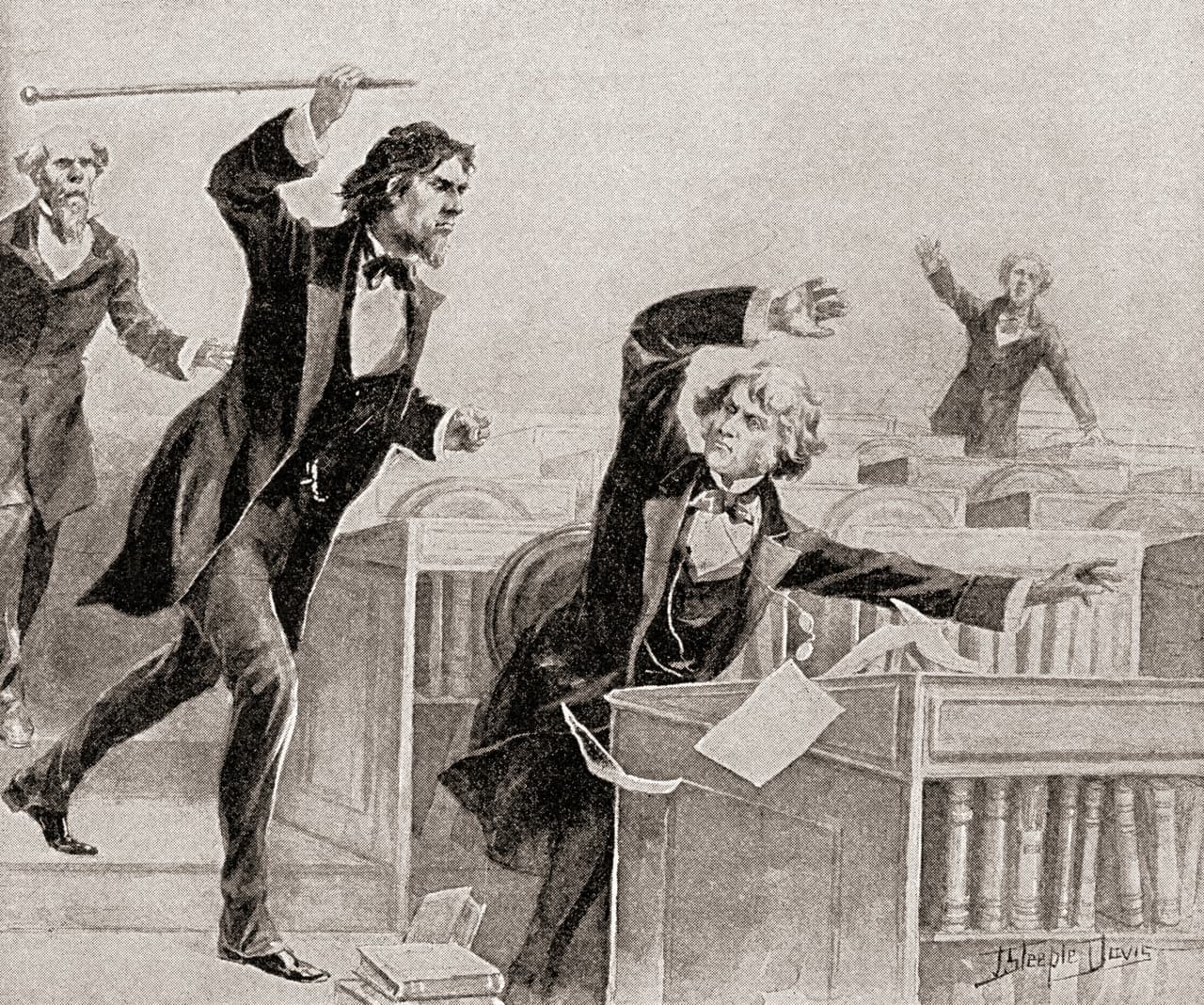 <b>Violencia entre congresistas antes de la Guerra Civil (22 de mayo de 1856)</b>
<br>
<br>Los años previos a la cruenta guerra que enfrentó a los estadounidenses entre 1861 y 1865 estuvieron cargados de desacuerdos ideológicos que a veces terminaban con violencia, y muchas de estas peleas llegaron al Congreso.
<br>
<br>Uno de los incidentes más recordados fue la paliza que Preston Brooks, un representante en favor de la esclavitud, dió a su colega Charles Sumner, un abolicionista. La ilustración de la época
<a href="https://www.history.com/this-day-in-history/southern-congressman-attacks-northern-senator"> <u>muestra el momento del ataque en el que Summer quedó casi inconsciente</u></a>.