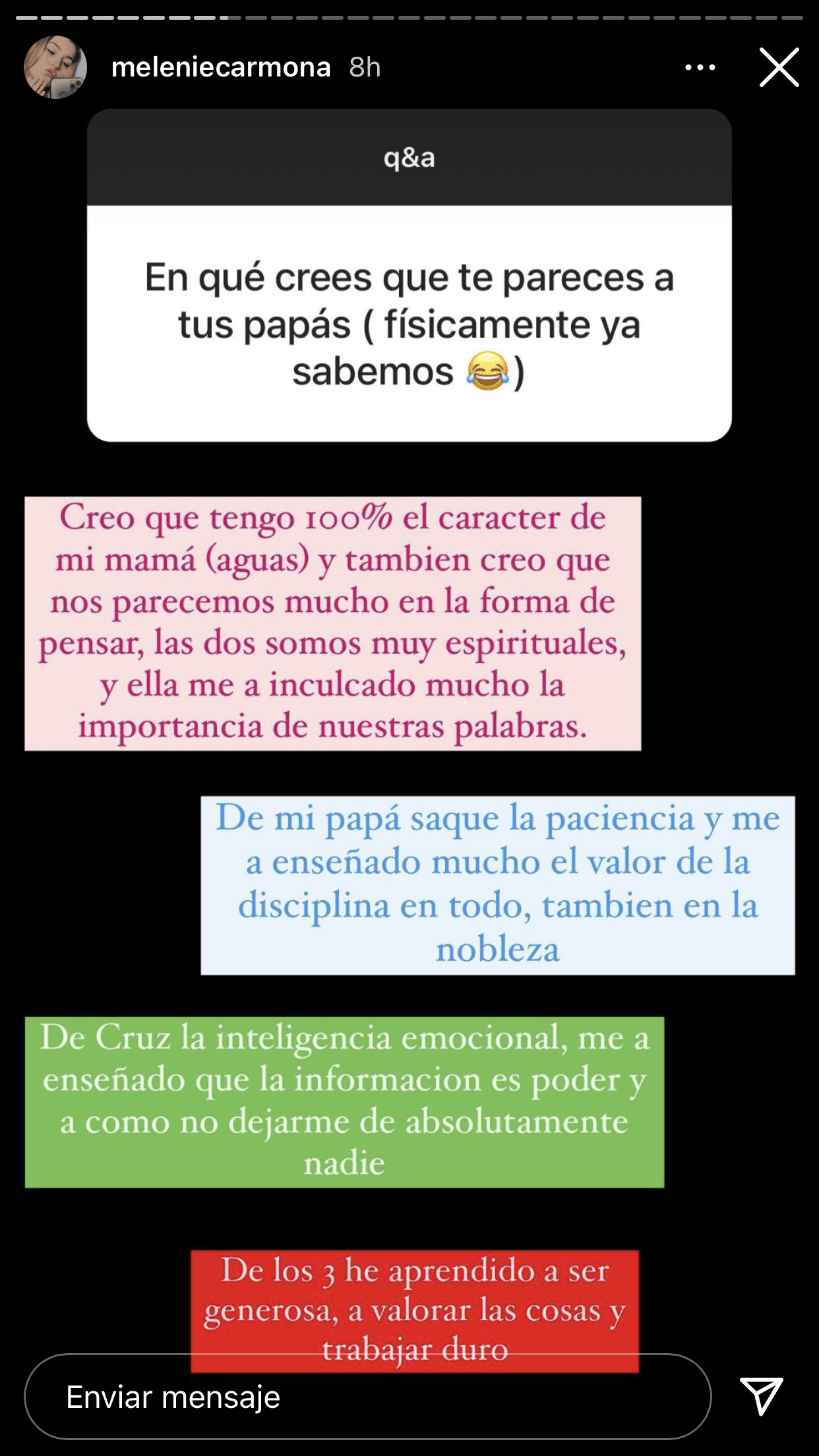 Eso sucedió la noche de este 6 de abril, cuando Melenie Carmona abrió en Instagram una sesión de preguntas y respuestas con sus seguidores. A través de esa dinámica, contestó qué heredó de sus papás.