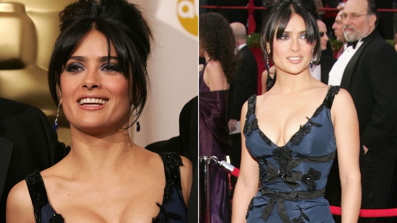 Salma Hayek deslumbró a su paso por la alfombra roja de los Oscar en 2005