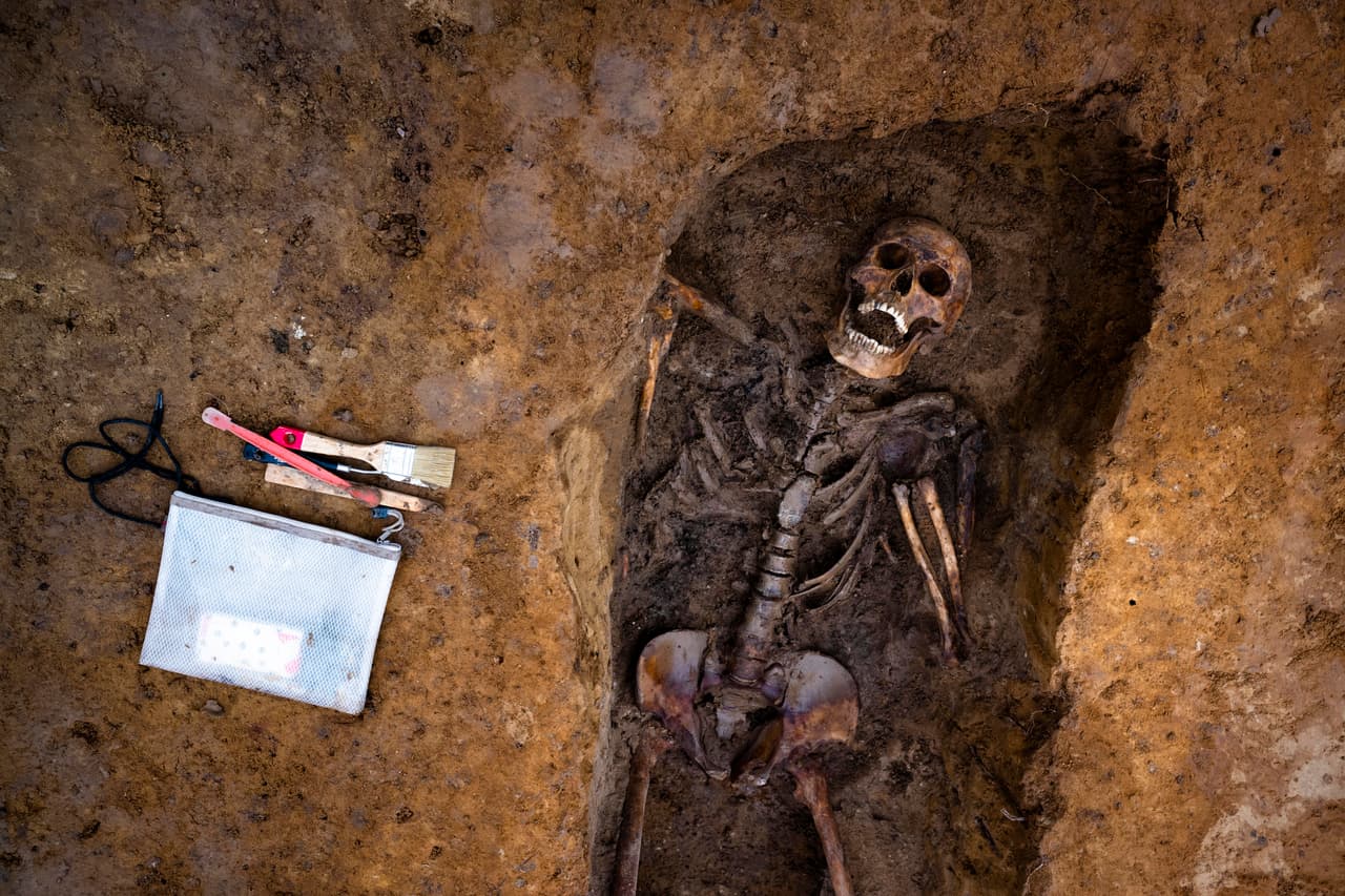 Los restos de un soldado soviético de la Segunda Guerra Mundial, cerca de la aldea de Klessin, en el este de Alemania. Voluntarios de toda Europa recorren el área en busca de los restos de los miles de soldados desaparecidos en las masacres que tuvieron lugar aquí hace 75 años.