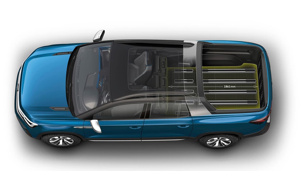 Con los asientos traseros plegados la longitud del área de carga de la Volkswagen Tarok aumenta a 1.861 metros, permitiendo alojar objetos más largos.