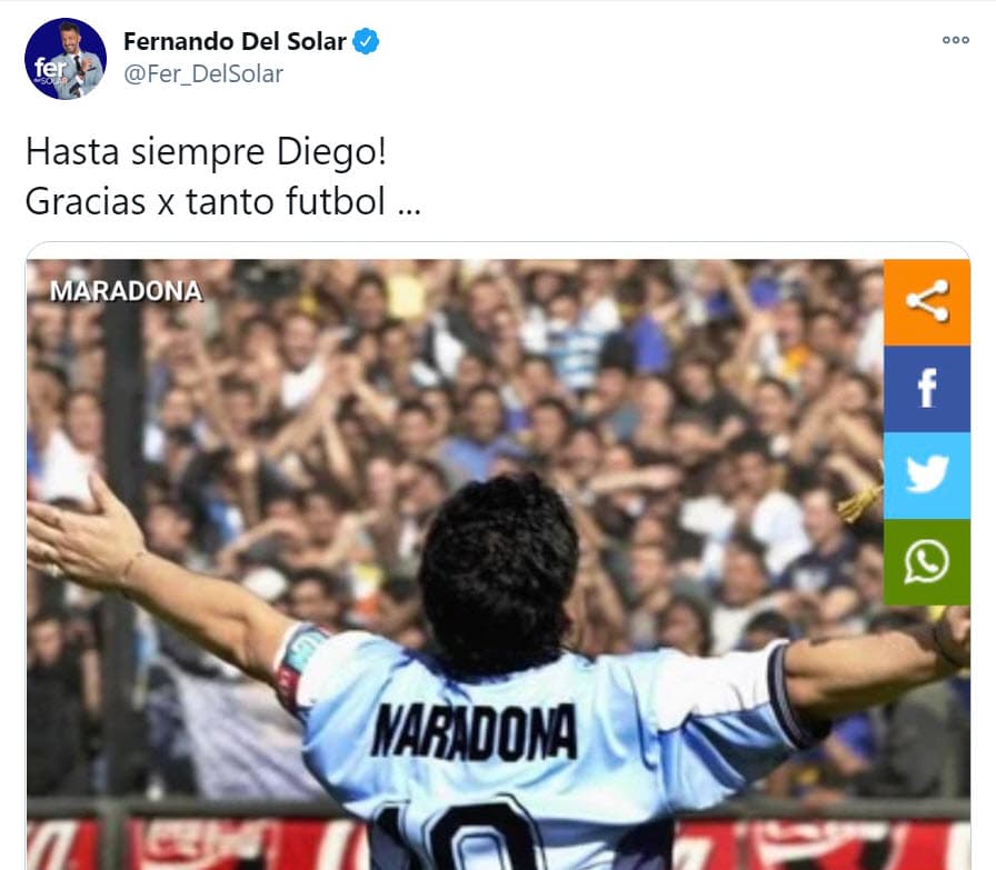Otro famoso argentino, Fernando del Solar, se despidió del gran ídolo de su país. "
<b><a href="https://twitter.com/Fer_DelSolar/status/1331637791734652928 " target="_blank">¡Hasta siempre Diego! </a></b>Gracias por tanto fútbol...".