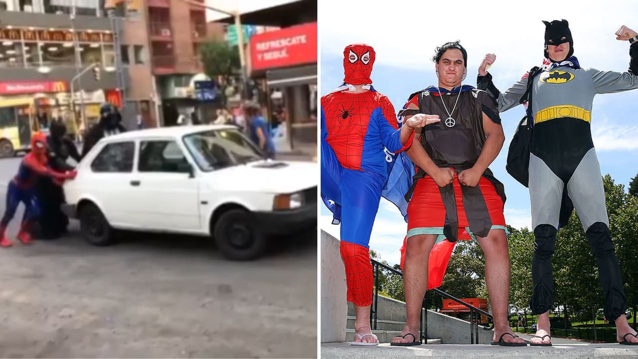 Superhéroes y villanos ayudan a empujar automóvil descompuesto: “Excelente servicio Spider-Man”