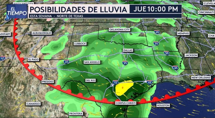El pronóstico indica 
<b>precipitaciones moderadas en el norte de Texas durante la tarde-noche del jueves</b>.