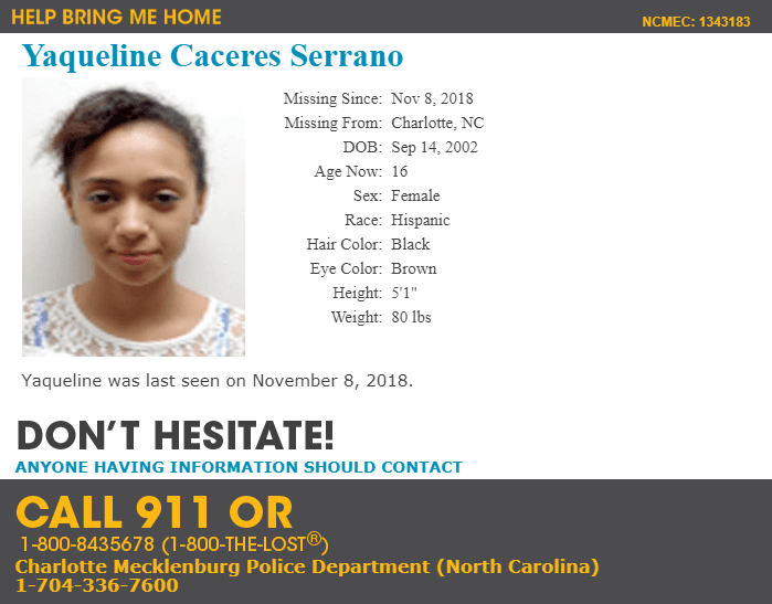 Niños y Adolescentes hispanos extraviados en Carolina del Norte