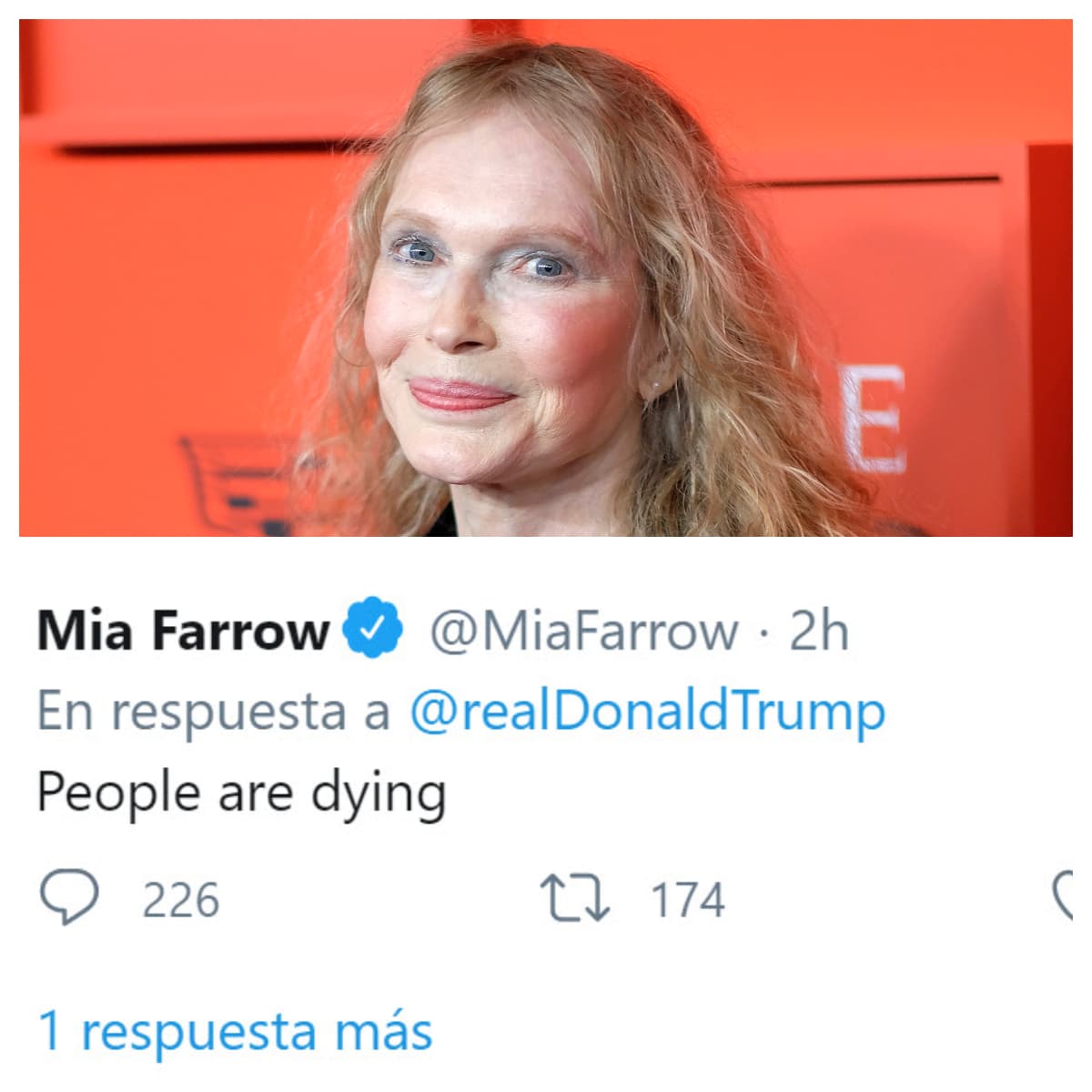 La afamada actriz 
<b><a href="https://www.univision.com/noticias/acoso-sexual/y-si-dylan-farrow-no-mintio-al-acusar-a-woody-allen-de-abusarla-a-los-7-anos-hollywood-empieza-a-hacerse-la-pregunta-tras-25-anos" target="_blank">Mia Farrow</a></b> fue otra de las voces que se mostraron en contra de que en este momento Trump haya mandado el mensaje a los Sussex: 
<b><a href="https://www.univision.com/noticias/salud/demasiada-gente-esta-muriendo-sola-el-triste-relato-de-una-doctora-de-nueva-york" target="_blank">"La gente está muriendo"</a></b>, le contestó. 
<br>