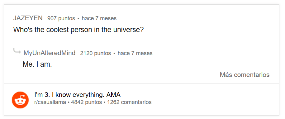Dos ejemplos de preguntas contestadas por Caleb: 
<br>
<br>-Pregunta: ¿Quién es la persona más divertida del universo? 
<br>-Respueta: Yo. Soy yo.
<br>
<br>- Pregunta: ¿Qué harías si pudieras hacer cualquier cosa? 
<br>- Respuesta: Beber zumo.