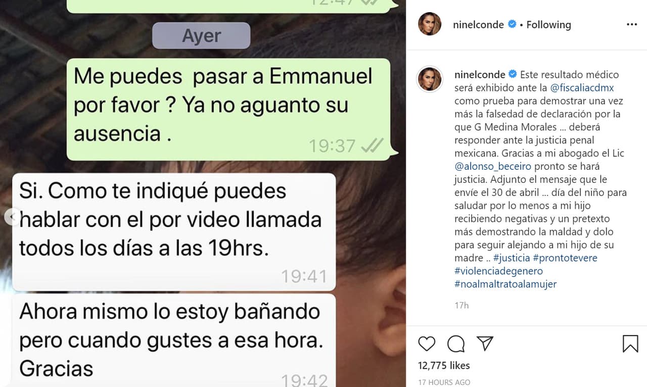 "Adjunto el mensaje que le envíe el 30 de abril, Día del Niño, para saludar por lo menos a mi hijo recibiendo negativas y un pretexto más demostrando la maldad y dolo para seguir 
<b><a href="https://www.univision.com/famosos/ninel-conde-y-giovanni-medina-el-video-que-muestra-las-2-caras-de-1-verdad-video" target="_blank">alejando a mi hijo de su madre</a></b>
<a href="https://www.univision.com/famosos/ninel-conde-y-giovanni-medina-el-video-que-muestra-las-2-caras-de-1-verdad-video" target="_blank">"</a>, denunció Conde.
<br>