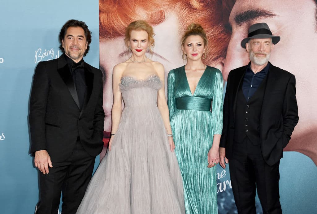 LOS ANGELES, CALIFORNIA - DECEMBER 06: (L-R) Javier Bardem, Nicole Kidman, Nina Arianda, and J.K. Simmons attend the premiere of Amazon Studios' "Being The Ricardos" at Academy Museum of Motion Pictures on December 06, 2021 in Los Angeles, California. (Photo by Jon Kopaloff/Getty Images)
