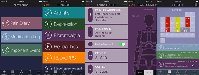 Quienes padecen dolores pueden llevar un registro con la aplicación 
<a href="http://mypaindiary.com/">MyPainDiary</a>. Permite a pacientes con afecciones como artritis o fibromialgia, detectar tendencias, reconocer desencadenantes y compartir los datos con su médico.