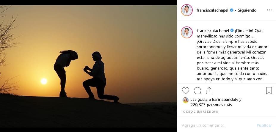 Lachapel y Zampogna
<b><a href="https://www.univision.com/entretenimiento/francisca-lachapel-aun-no-tiene-fecha-pero-ya-sabe-como-quiere-su-boda-con-francesco-zampogna" target="_blank">se comprometieron en Dubái </a></b>en diciembre del 2018 y planean su boda para el 2020.
<br>