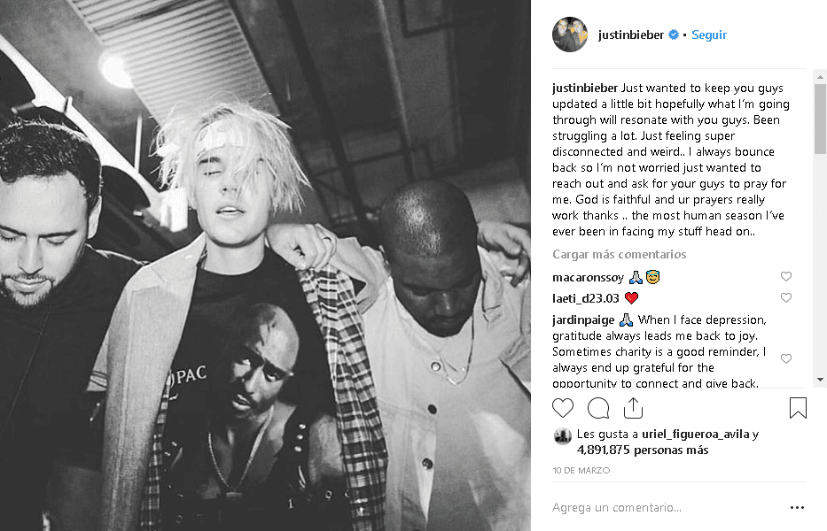 Aunque Justin Bieber ha dicho varias veces que desde temprana edad ha lidiado con ansiedad y depresión, la semana pasada le pidió a sus seguidores que lo mantuvieran en sus oraciones. “Recen por mí, estoy luchando mucho”, pidió.