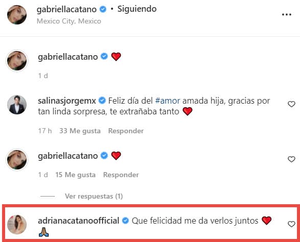Su expareja Adriana Cataño reaccionó a publicación de su hija y aplaudió que mantengan una relación cercana, luego de que en los primeros años de Gabriella no fuera así: 
<b>"Qué felicidad me da verlos juntos"</b>, externó la actriz de origen colombiano.
<br>
