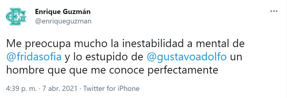 Minutos después de que el programa 'De primera mano' transmitiera la entrevista, el cantante
<b><a href="https://www.univision.com/famosos/enrique-guzman-desconfia-intenciones-frida-sofia-alejandra-guzman">Enrique Guzmán reaccionó</a></b> en redes sociales y se dijo preocupado por la "inestabilidad mental" de su nieta.
<br>