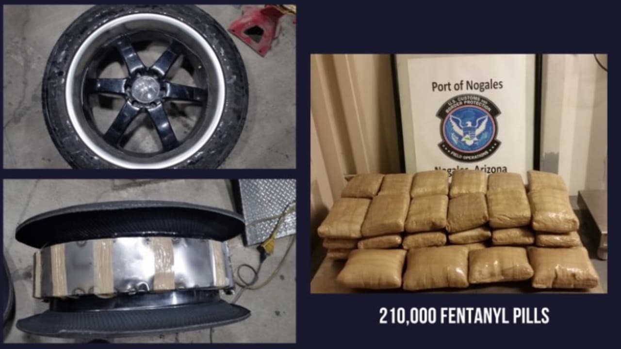Los oficiales en el puerto de entrada de Nogales, Arizona, incautaron más de 210,000 pastillas de fentanilo escondidas en cajas de metal adheridas a las llantas de los cuatro neumáticos montados de un vehículo.
