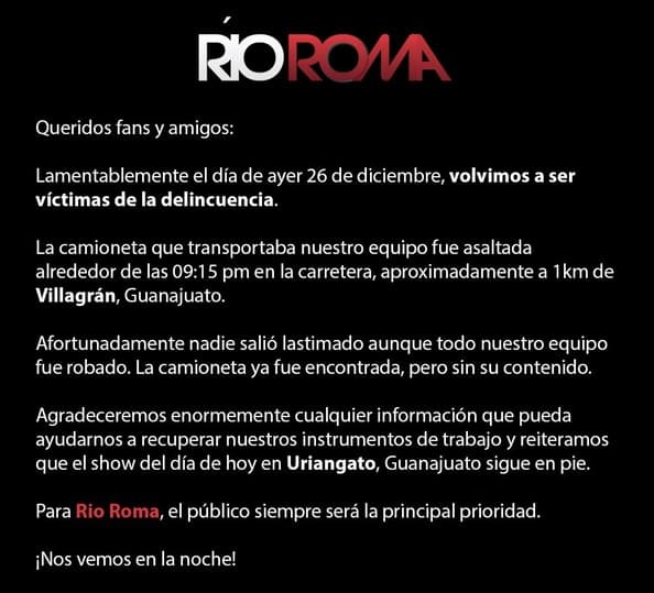 Río Roma informó en 
<b><a href="https://twitter.com/RioRomamx/status/1210626352883232768/photo/1" target="_blank">otro comunicado</a></b> publicado en Twitter que el vehículo se encontró sin el equipo por lo que hicieron una solicitud:"
<b>Agradeceremos cualquier información</b> que pueda ayudarnos a recuperar nuestros instrumentos de trabajo".