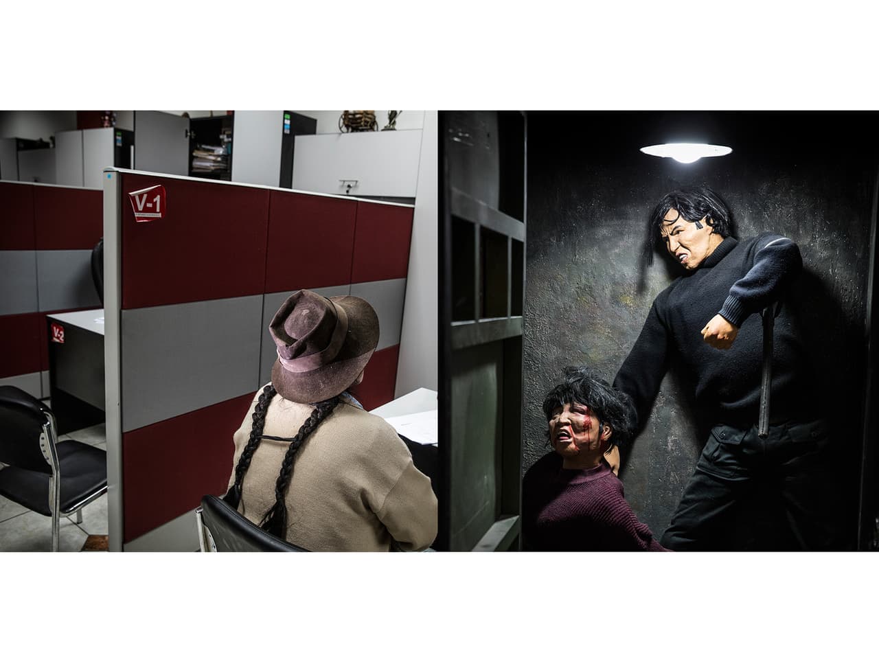 <b>TESTIMONY.</b> A Quechua-speaking woman receives assistance at the public defender’s office in Ayacucho. Next to that, a replica at ANFASEP of a torture chamber used by the military during the civil war in Peru.
<br>