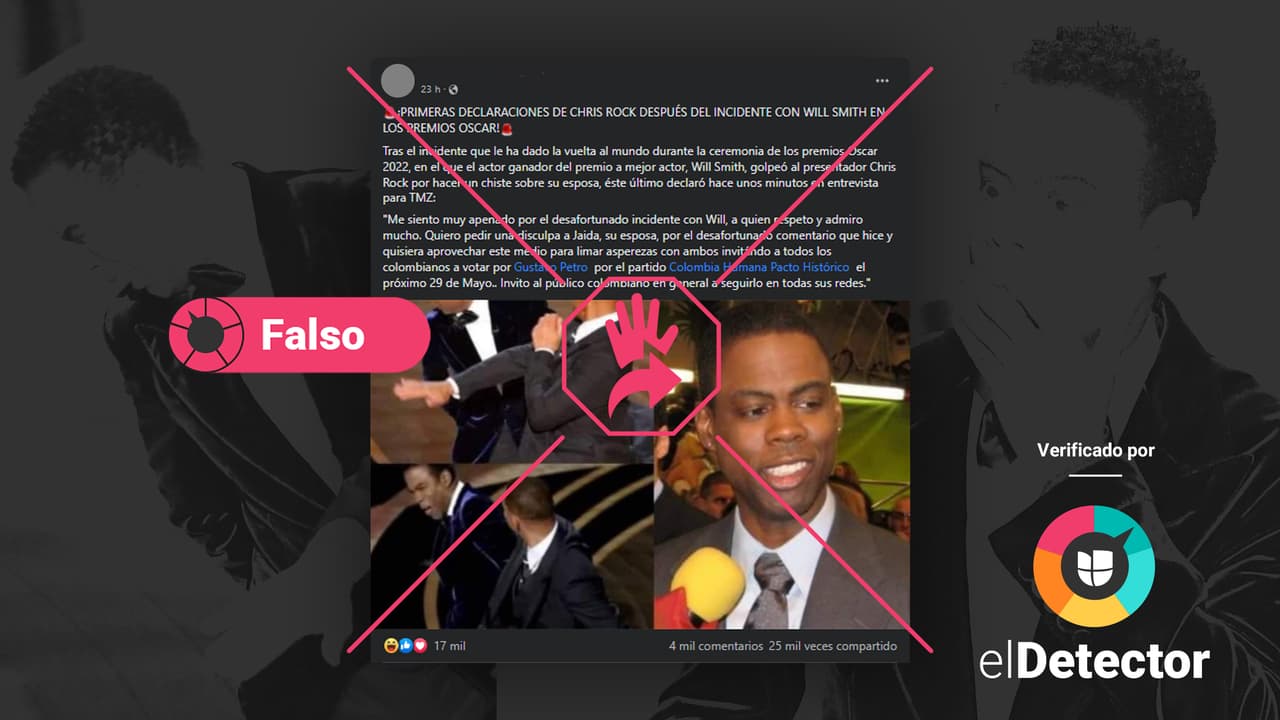 El mensaje con la falsa disculpa de Chris Rock se atribuye a una declaración para el medio TMZ, de lo cual no hay rastro en su web.
