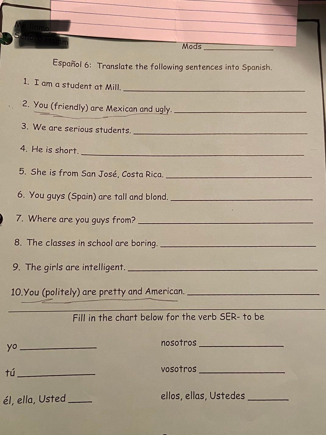 Tarea de español que ha causado polémica por discriminatoria en un colegio de Nueva York.