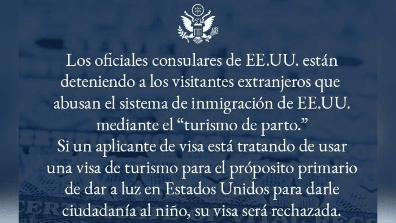 <h2 class="cms-H2-H2"><b>¿Qué dijo la Embajada de Estados Unidos en México?</b></h2>
<br>
<br>“Es inaceptable que padres extranjeros utilicen una visa de turista con el propósito principal de dar a luz en EE.UU. para obtener la ciudadanía del niño. Con base en la ley de inmigración, 
<b>los funcionarios consulares estadounidenses rechazan estas solicitudes de visa</b>”, dice la advertencia del Departamento de Estado, publicado desde la Embajada de Estados Unidos en México.