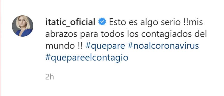En el pie del mensaje, ella escribió: "
<b>Esto es algo serio</b> ¡mis abrazos para todos los contagiados del mundo!". 
<br>
